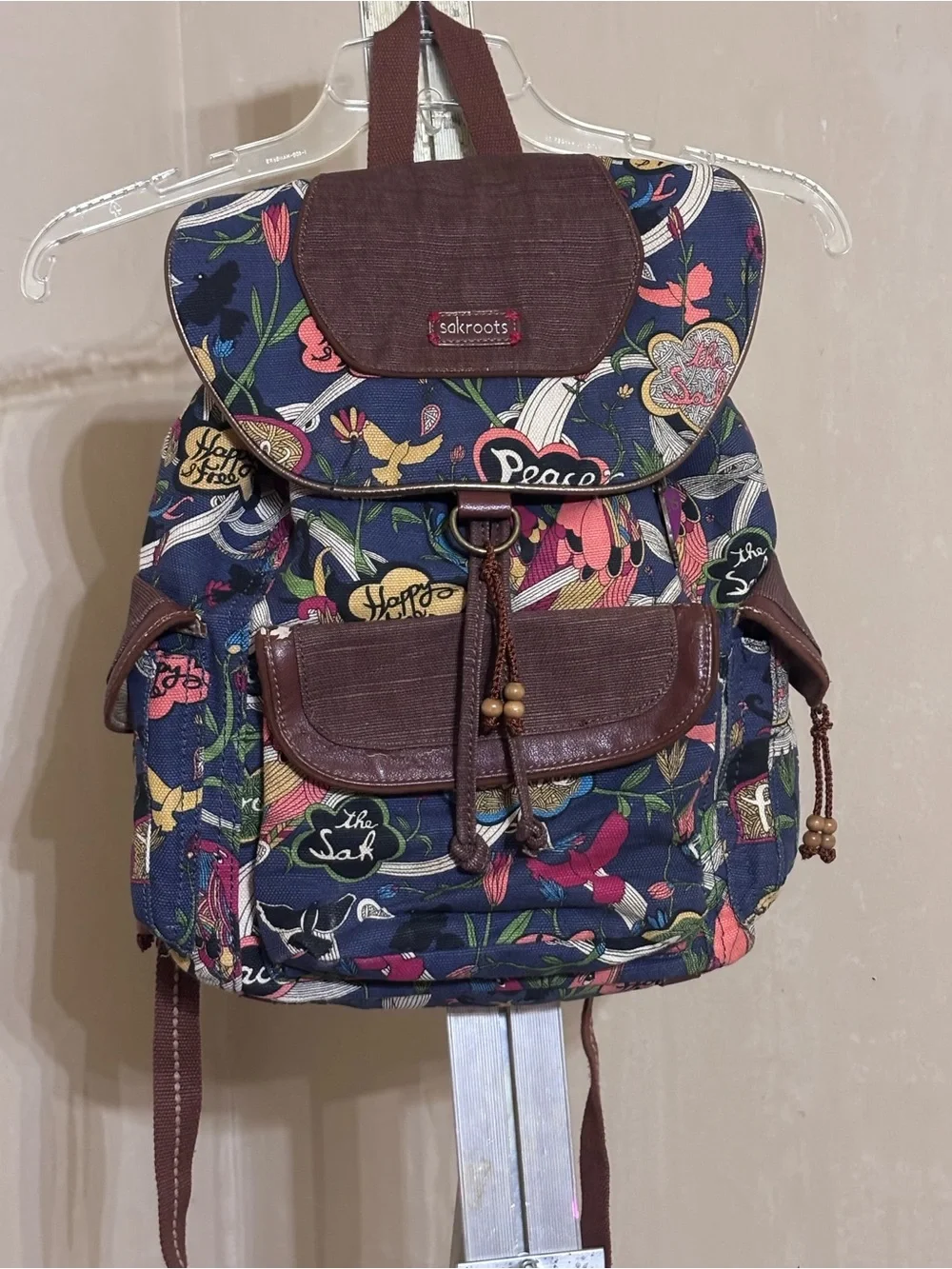 Sakroots Artist Circle Peace Canvas Flap Drawstring Backpack Boho Hippie Blue
